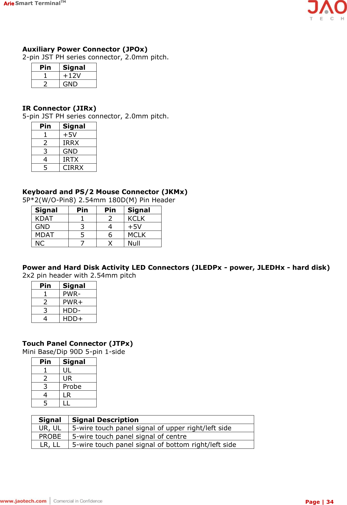  Arie Smart TerminalTM Page | 34  Auxiliary Power Connector (JPOx) 2-pin JST PH series connector, 2.0mm pitch. Pin Signal 1 +12V 2 GND   IR Connector (JIRx) 5-pin JST PH series connector, 2.0mm pitch. Pin Signal 1 +5V 2 IRRX 3 GND 4 IRTX 5 CIRRX   Keyboard and PS/2 Mouse Connector (JKMx) 5P*2(W/O-Pin8) 2.54mm 180D(M) Pin Header Signal Pin Pin Signal KDAT 1 2 KCLK GND 3 4 +5V MDAT 5 6 MCLK NC 7 X Null   Power and Hard Disk Activity LED Connectors (JLEDPx - power, JLEDHx - hard disk) 2x2 pin header with 2.54mm pitch Pin Signal 1 PWR- 2 PWR+ 3 HDD- 4 HDD+  Touch Panel Connector (JTPx) Mini Base/Dip 90D 5-pin 1-side Pin Signal 1 UL 2 UR 3 Probe 4 LR 5 LL  Signal Signal Description UR, UL 5-wire touch panel signal of upper right/left side PROBE 5-wire touch panel signal of centre LR, LL 5-wire touch panel signal of bottom right/left side  