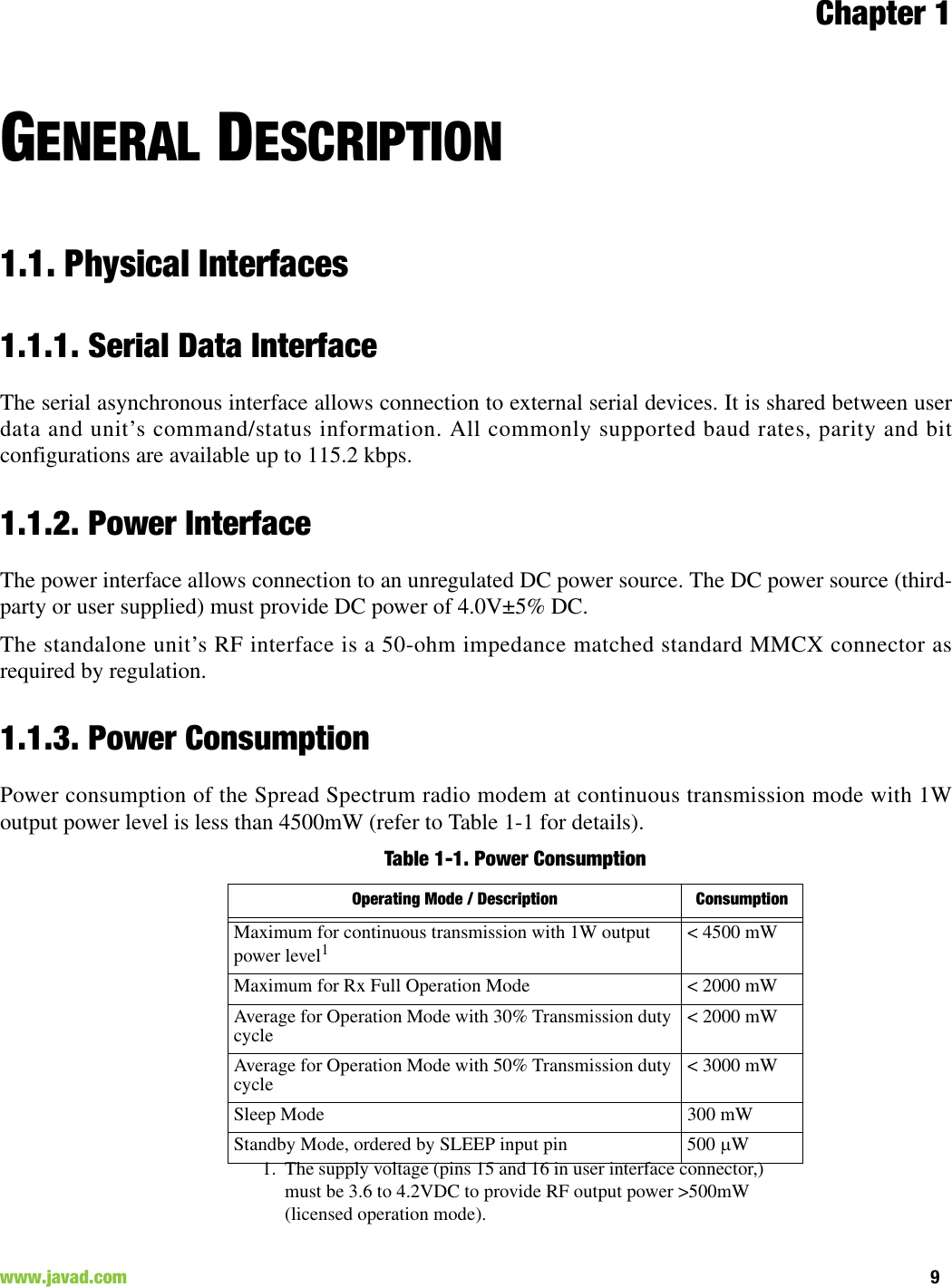 Chapter 19www.javad.com                                                                                                                                                        GENERAL DESCRIPTION1.1. Physical Interfaces1.1.1. Serial Data InterfaceThe serial asynchronous interface allows connection to external serial devices. It is shared between userdata and unit’s command/status information. All commonly supported baud rates, parity and bitconfigurations are available up to 115.2 kbps.1.1.2. Power InterfaceThe power interface allows connection to an unregulated DC power source. The DC power source (third-party or user supplied) must provide DC power of 4.0V±5% DC. The standalone unit’s RF interface is a 50-ohm impedance matched standard MMCX connector asrequired by regulation.1.1.3. Power ConsumptionPower consumption of the Spread Spectrum radio modem at continuous transmission mode with 1Woutput power level is less than 4500mW (refer to Table 1-1 for details).Table 1-1. Power ConsumptionOperating Mode / Description  ConsumptionMaximum for continuous transmission with 1W output power level1 1. The supply voltage (pins 15 and 16 in user interface connector,) must be 3.6 to 4.2VDC to provide RF output power &gt;500mW (licensed operation mode).&lt; 4500 mWMaximum for Rx Full Operation Mode &lt; 2000 mWAverage for Operation Mode with 30% Transmission duty cycle  &lt; 2000 mWAverage for Operation Mode with 50% Transmission duty cycle  &lt; 3000 mWSleep Mode  300 mWStandby Mode, ordered by SLEEP input pin  500 W