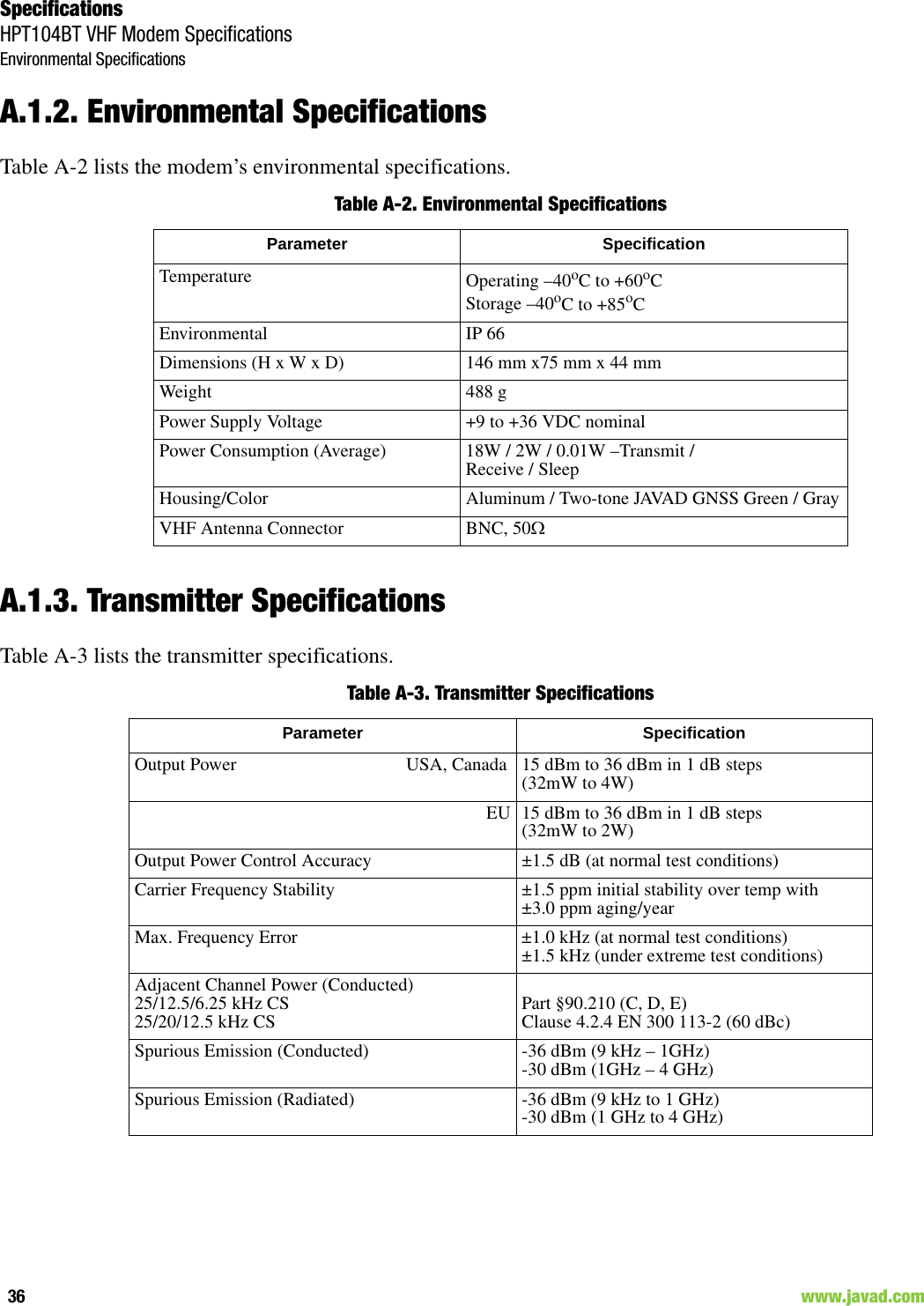 SpecificationsHPT104BT VHF Modem SpecificationsEnvironmental Specifications36                                                                                                                     www.javad.comA.1.2. Environmental SpecificationsTable A-2 lists the modem’s environmental specifications.Table A-2. Environmental SpecificationsA.1.3. Transmitter SpecificationsTable A-3 lists the transmitter specifications.Table A-3. Transmitter SpecificationsParameter SpecificationTemperature Operating –40oC to +60oCStorage –40oC to +85oCEnvironmental IP 66Dimensions (H x W x D) 146 mm x75 mm x 44 mmWeight 488 gPower Supply Voltage +9 to +36 VDC nominalPower Consumption (Average) 18W / 2W / 0.01W –Transmit / Receive / Sleep Housing/Color Aluminum / Two-tone JAVAD GNSS Green / GrayVHF Antenna Connector BNC, 50Parameter SpecificationOutput Power                                     USA, Canada 15 dBm to 36 dBm in 1 dB steps(32mW to 4W)EU 15 dBm to 36 dBm in 1 dB steps(32mW to 2W)Output Power Control Accuracy ±1.5 dB (at normal test conditions)Carrier Frequency Stability ±1.5 ppm initial stability over temp with±3.0 ppm aging/yearMax. Frequency Error ±1.0 kHz (at normal test conditions)±1.5 kHz (under extreme test conditions)Adjacent Channel Power (Conducted)25/12.5/6.25 kHz CS         25/20/12.5 kHz CS  Part §90.210 (C, D, E)Clause 4.2.4 EN 300 113-2 (60 dBc)Spurious Emission (Conducted) -36 dBm (9 kHz – 1GHz) -30 dBm (1GHz – 4 GHz)Spurious Emission (Radiated) -36 dBm (9 kHz to 1 GHz)-30 dBm (1 GHz to 4 GHz)