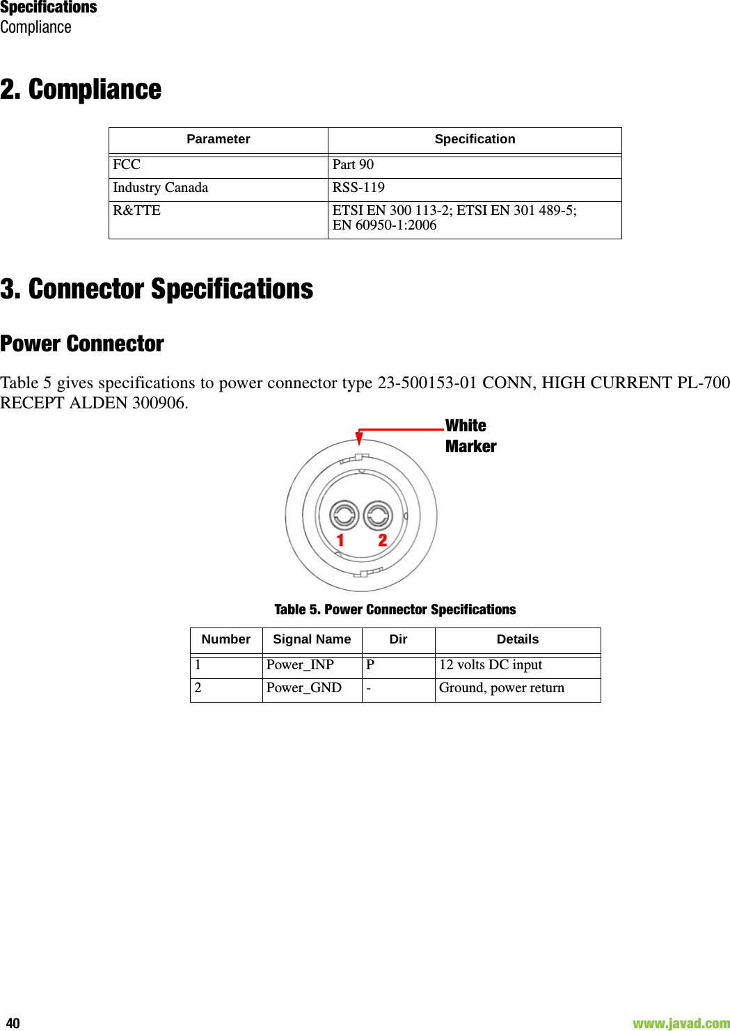 SpecificationsCompliance40                                                                                                                     www.javad.com2. Compliance3. Connector SpecificationsPower ConnectorTable 5 gives specifications to power connector type 23-500153-01 CONN, HIGH CURRENT PL-700RECEPT ALDEN 300906.Table 5. Power Connector SpecificationsParameter SpecificationFCC Part 90 Industry Canada RSS-119R&amp;TTE ETSI EN 300 113-2; ETSI EN 301 489-5; EN 60950-1:200612White MarkerNumber Signal Name Dir Details1 Power_INP P 12 volts DC input2 Power_GND - Ground, power return