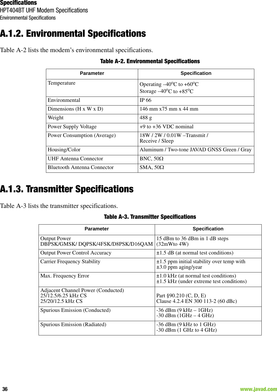 SpecificationsHPT404BT UHF Modem SpecificationsEnvironmental Specifications36                                                                                                                     www.javad.comA.1.2. Environmental SpecificationsTable A-2 lists the modem’s environmental specifications.Table A-2. Environmental SpecificationsA.1.3. Transmitter SpecificationsTable A-3 lists the transmitter specifications.Table A-3. Transmitter SpecificationsParameter SpecificationTemperature Operating –40oC to +60oCStorage –40oC to +85oCEnvironmental IP 66Dimensions (H x W x D) 146 mm x75 mm x 44 mmWeight 488 gPower Supply Voltage +9 to +36 VDC nominalPower Consumption (Average) 18W / 2W / 0.01W –Transmit / Receive / Sleep Housing/Color Aluminum / Two-tone JAVAD GNSS Green / GrayUHF Antenna Connector BNC, 50Bluetooth Antenna Connector SMA, 50Parameter SpecificationOutput Power DBPSK/GMSK/ DQPSK/4FSK/D8PSK/D16QAM 15 dBm to 36 dBm in 1 dB steps (32mWto 4W)Output Power Control Accuracy ±1.5 dB (at normal test conditions)Carrier Frequency Stability ±1.5 ppm initial stability over temp with±3.0 ppm aging/yearMax. Frequency Error ±1.0 kHz (at normal test conditions)±1.5 kHz (under extreme test conditions)Adjacent Channel Power (Conducted)25/12.5/6.25 kHz CS         25/20/12.5 kHz CS  Part §90.210 (C, D, E)Clause 4.2.4 EN 300 113-2 (60 dBc)Spurious Emission (Conducted) -36 dBm (9 kHz – 1GHz) -30 dBm (1GHz – 4 GHz)Spurious Emission (Radiated) -36 dBm (9 kHz to 1 GHz)-30 dBm (1 GHz to 4 GHz)