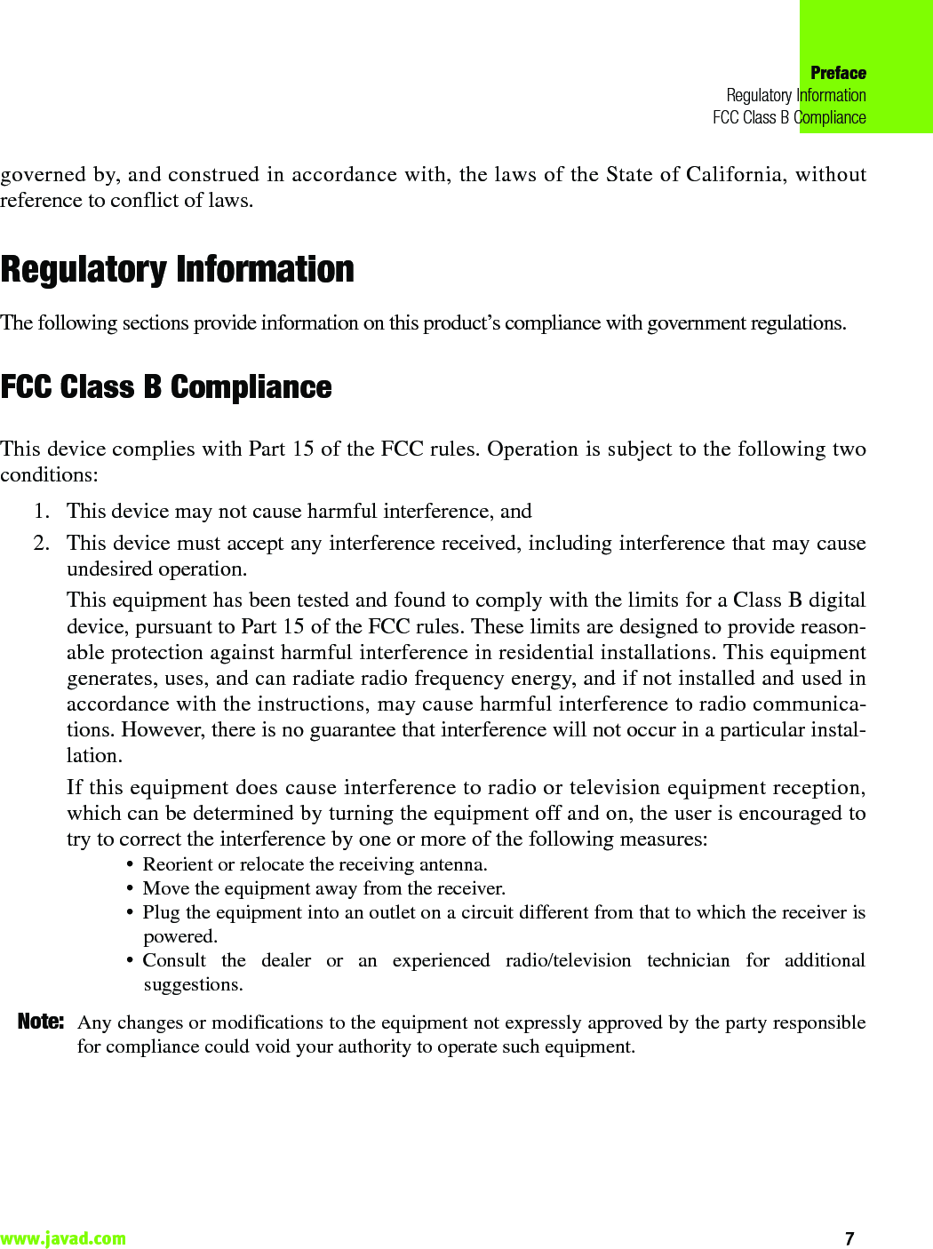 PrefaceRegulatory InformationFCC Class B Compliance7www.javad.com                                                                                                                                                    governed by, and construed in accordance with, the laws of the State of California, withoutreference to conflict of laws.Regulatory InformationThe following sections provide information on this product’s compliance with government regulations.FCC Class B ComplianceThis device complies with Part 15 of the FCC rules. Operation is subject to the following twoconditions:1. This device may not cause harmful interference, and2. This device must accept any interference received, including interference that may causeundesired operation.This equipment has been tested and found to comply with the limits for a Class B digitaldevice, pursuant to Part 15 of the FCC rules. These limits are designed to provide reason-able protection against harmful interference in residential installations. This equipmentgenerates, uses, and can radiate radio frequency energy, and if not installed and used inaccordance with the instructions, may cause harmful interference to radio communica-tions. However, there is no guarantee that interference will not occur in a particular instal-lation.If this equipment does cause interference to radio or television equipment reception,which can be determined by turning the equipment off and on, the user is encouraged totry to correct the interference by one or more of the following measures:• Reorient or relocate the receiving antenna.• Move the equipment away from the receiver.• Plug the equipment into an outlet on a circuit different from that to which the receiver ispowered.• Consult the dealer or an experienced radio/television technician for additionalsuggestions.Note: Any changes or modifications to the equipment not expressly approved by the party responsiblefor compliance could void your authority to operate such equipment.