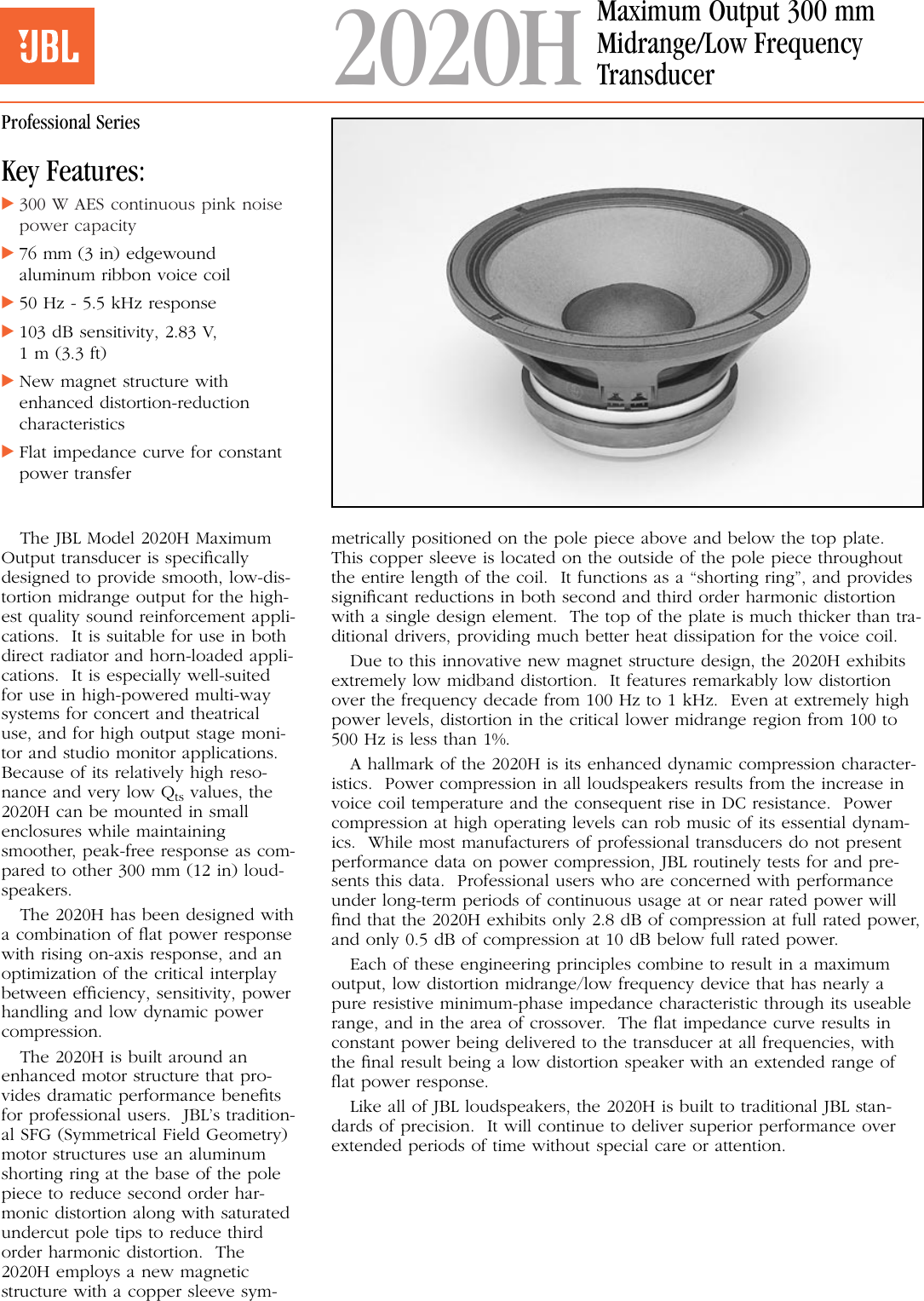 Page 1 of 2 - JBL 63482/JBL.2020H.SpecSht 2020H Spec Sheet