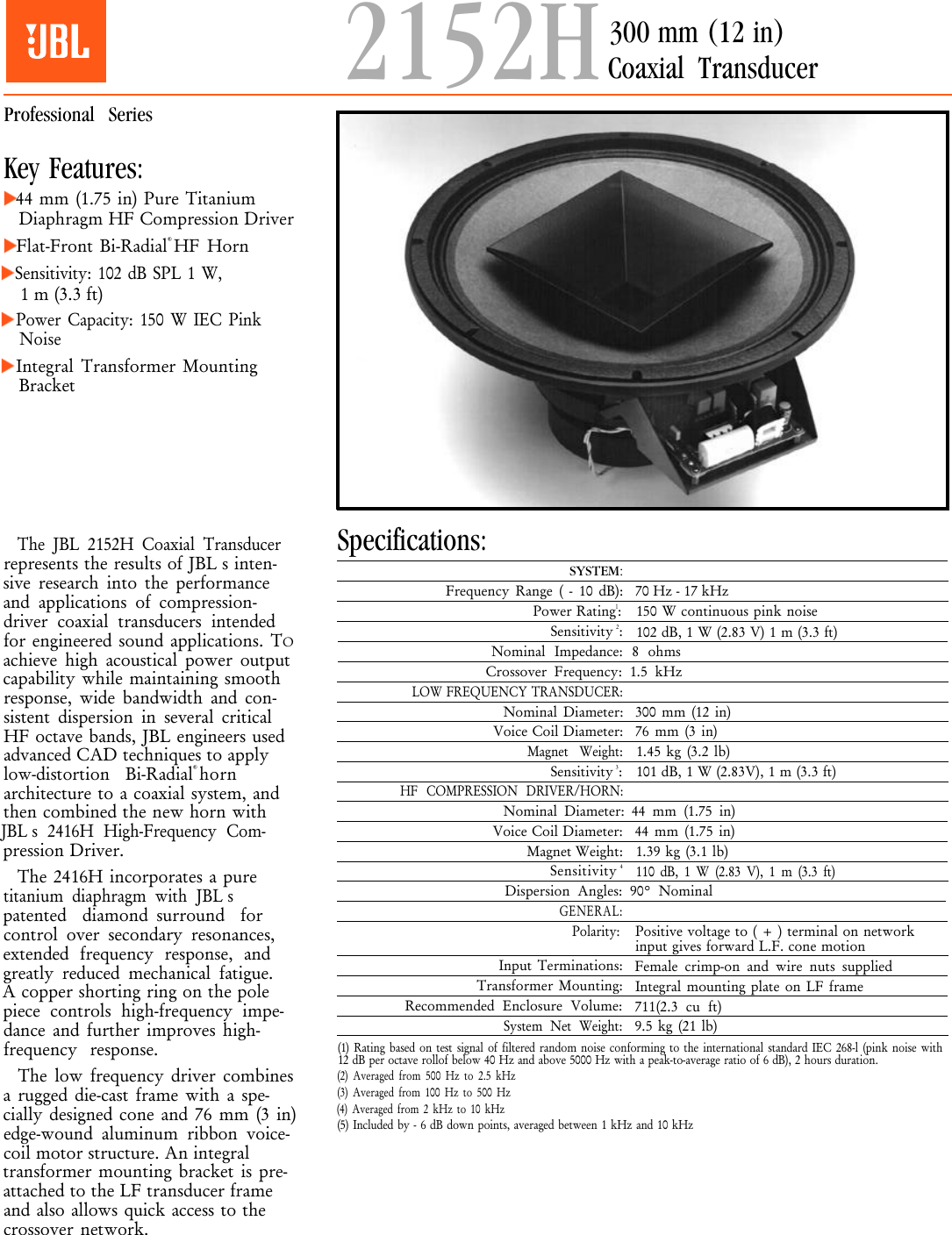 Page 1 of 2 - JBL 2152H Specification  Cone Transducer Specsheet