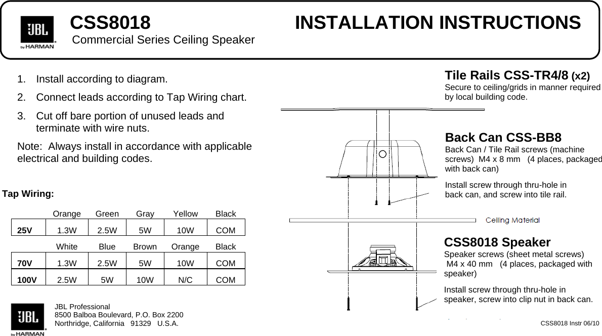 Page 1 of 1 - JBL - CSS8018 Installation Instructionsx Install Instruc