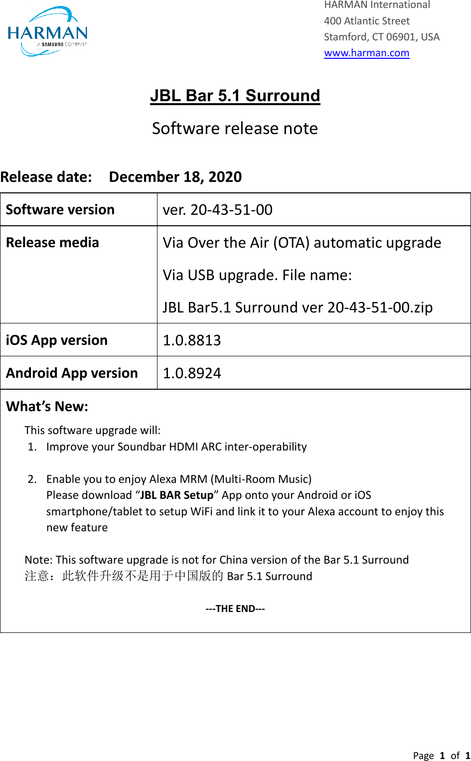 JBL Customer Friendly Release Notes Bar 5.1 Surround And Upgrade
