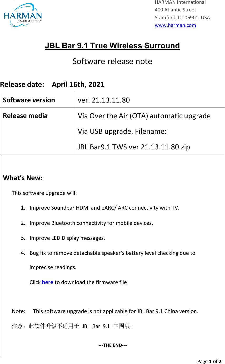 Page 1 of 2 - JBL  Customer Friendly Release Notes Bar 9.1 Surround And Upgrade Process Global Version