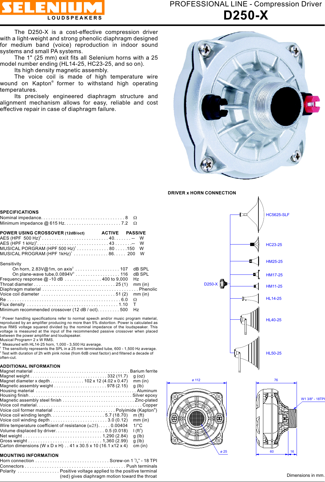 Page 1 of 2 - JBL D250-X Rev. 01 - 07-10 I Spec Sheet