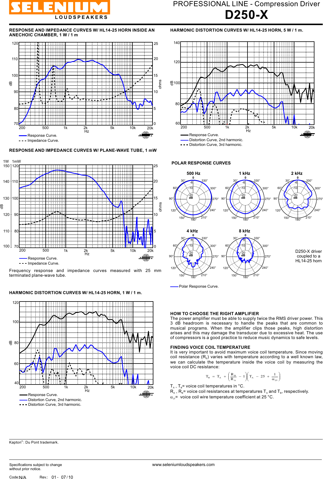Page 2 of 2 - JBL D250-X Rev. 01 - 07-10 I Spec Sheet