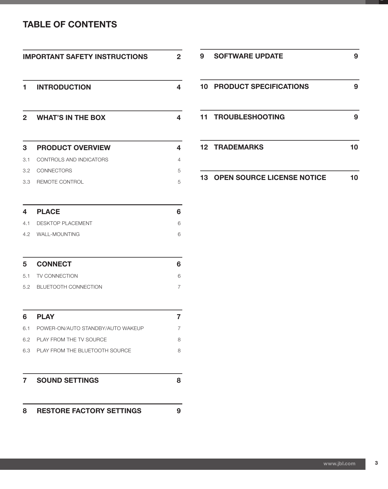 Page 3 of 11 - JBL  Bar 2.0 All In One Owner's Manual EN