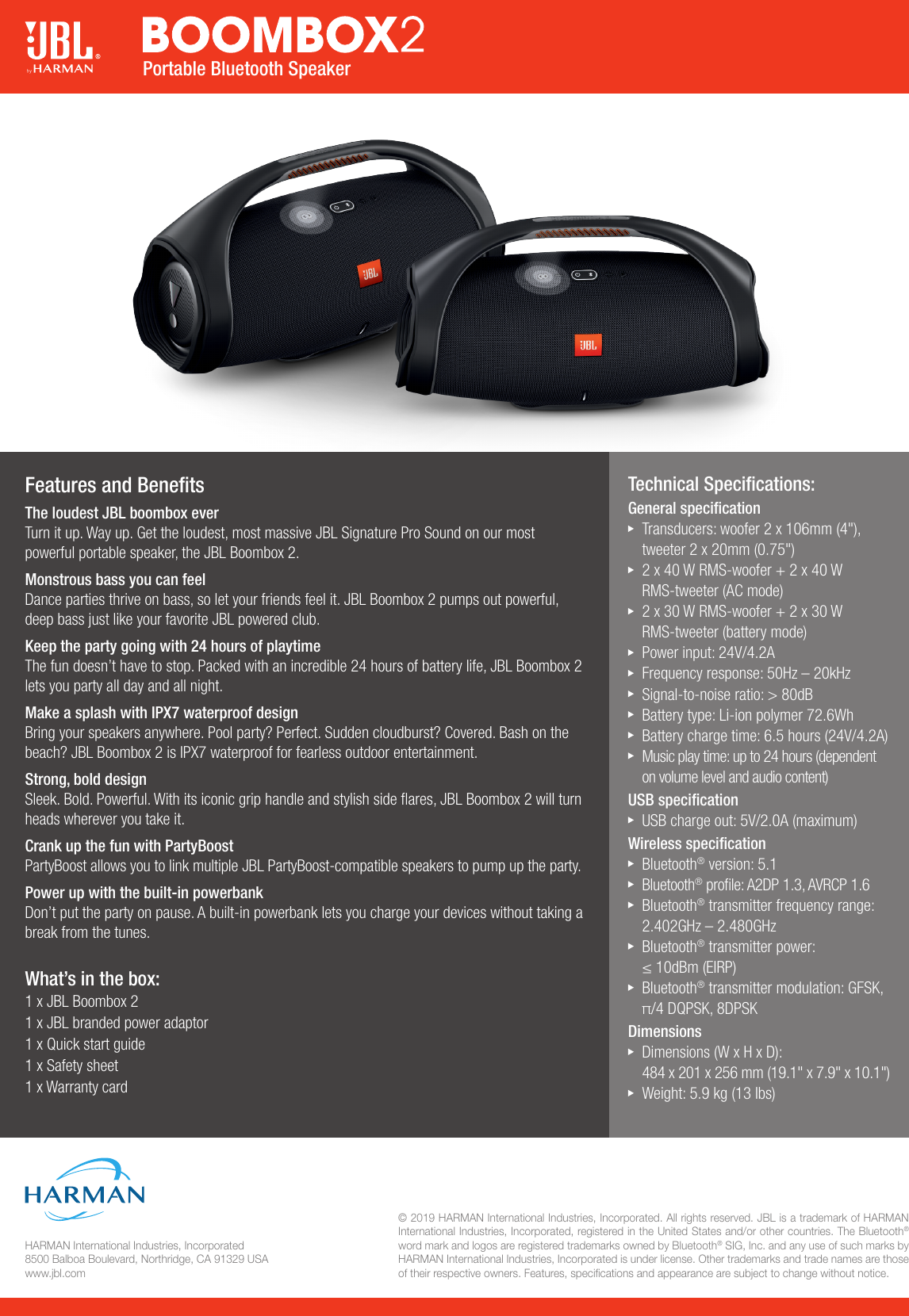 JBL Boom Box2 Spec Sheet English