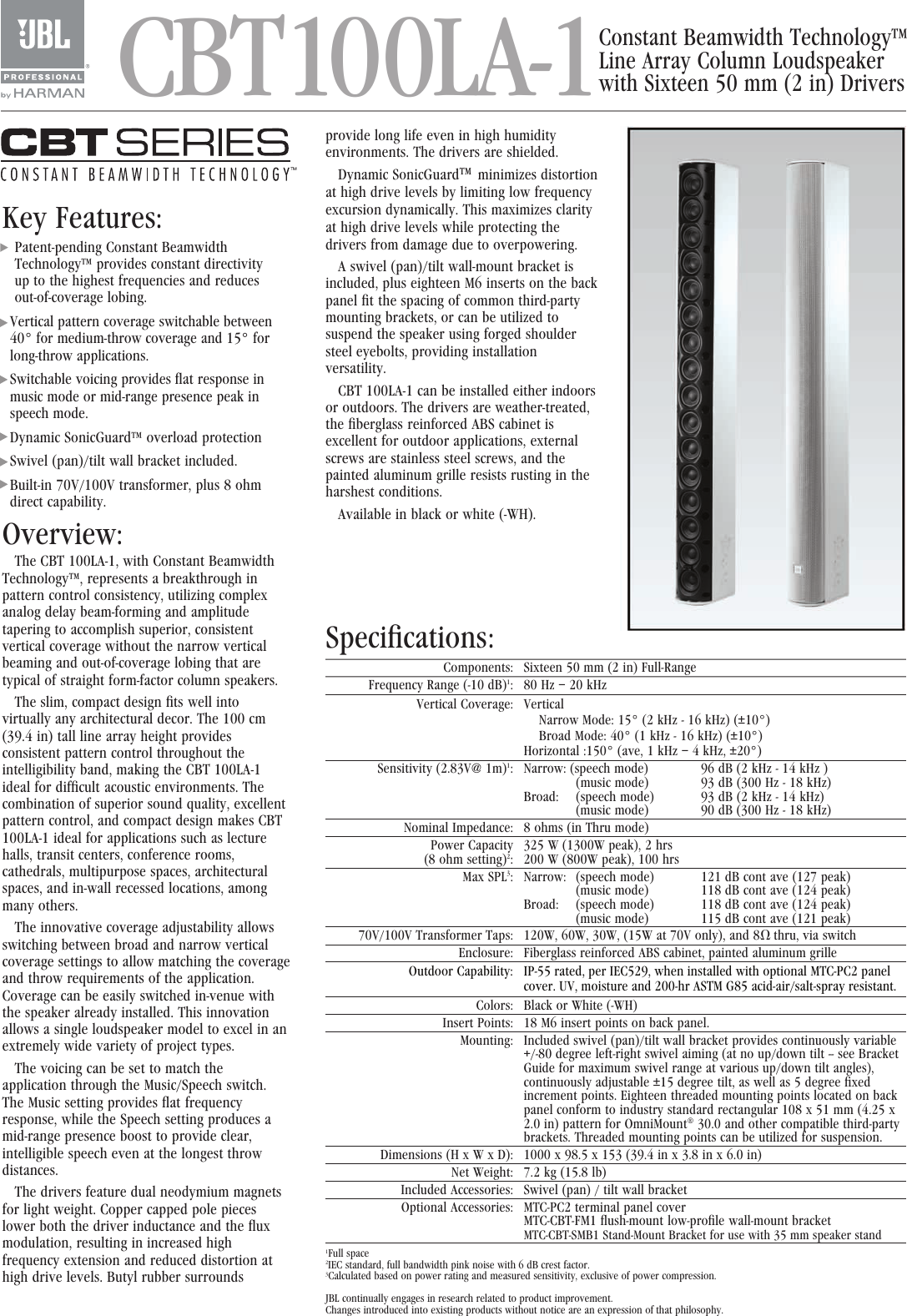 Page 1 of 5 - JBL CBT100LA-1 Spec Sheet 022213