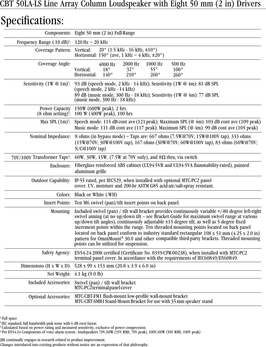 Page 2 of 6 - JBL  CBT50LA-LS Specsheet