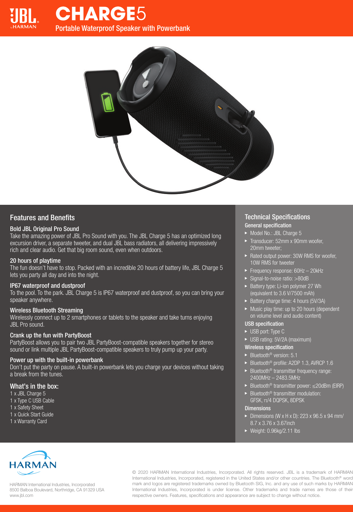 Page 2 of 2 - JBL  Charge5 Spec Sheet English