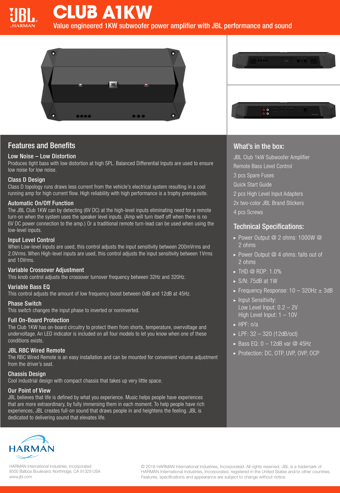Page 2 of 2 - JBL  Club 1KW Amp Spec Sheet English