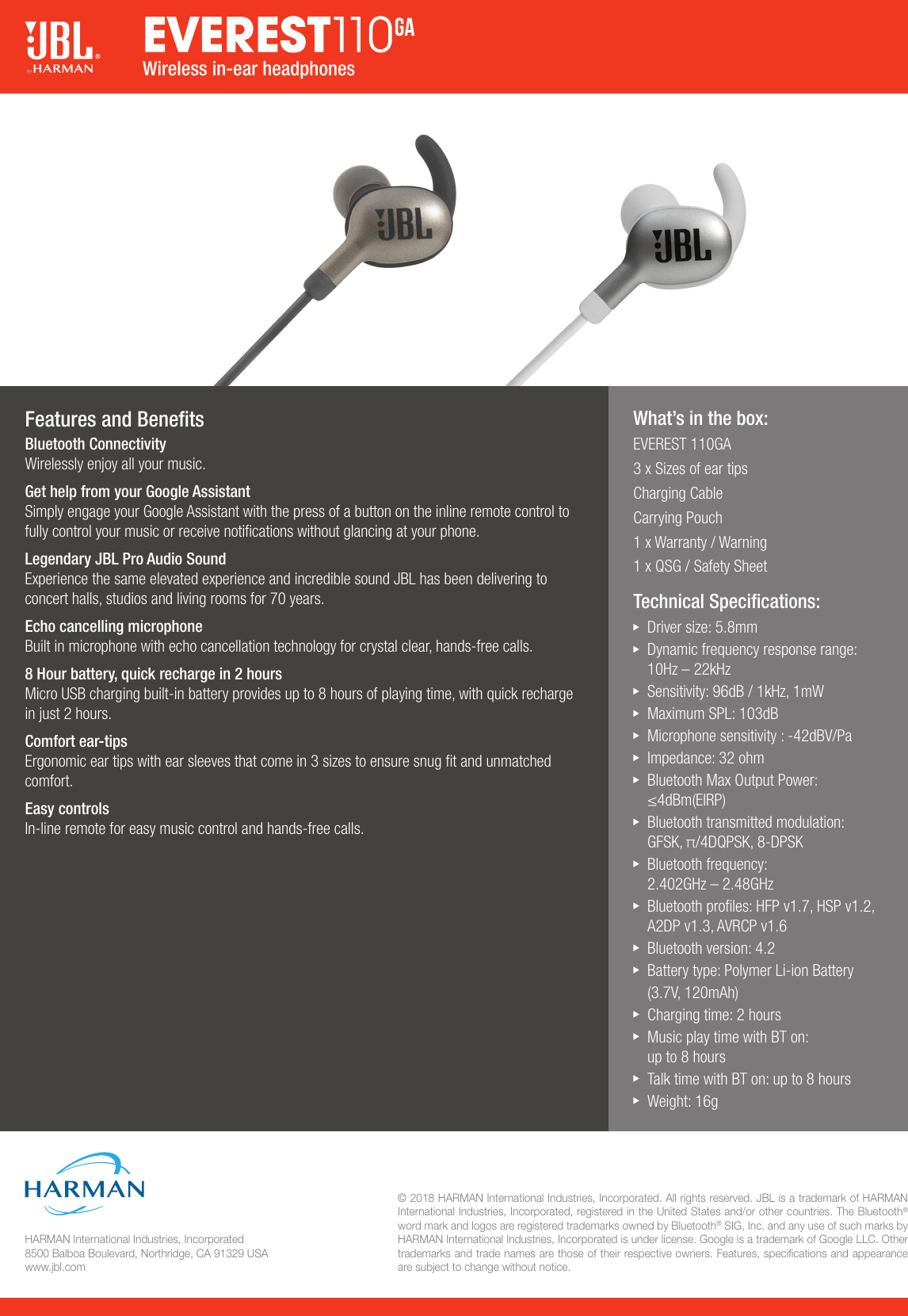 Page 2 of 2 - JBL  Everest 110GA Spec Sheet English(EMEA)