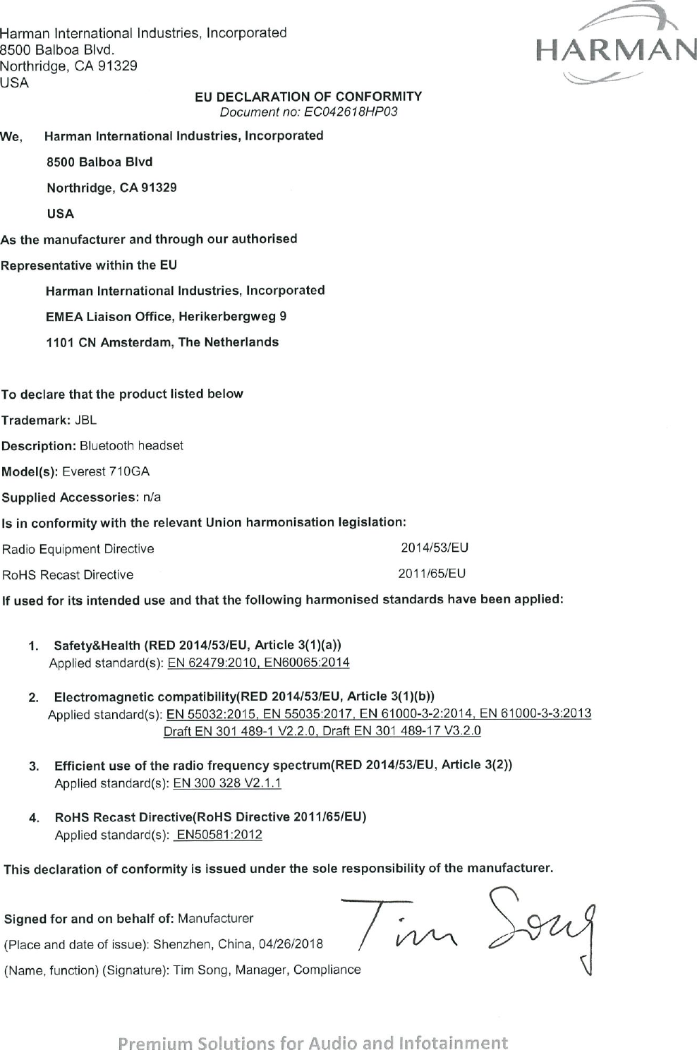 Page 1 of 1 - JBL  Everest 710GA - Declaration Of Conformity