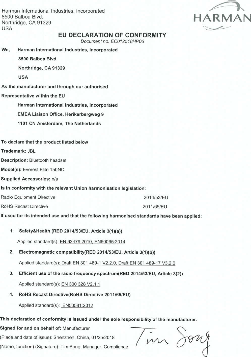 Page 1 of 1 - JBL  Everest Elite 150NC - Declaration Of Conformity