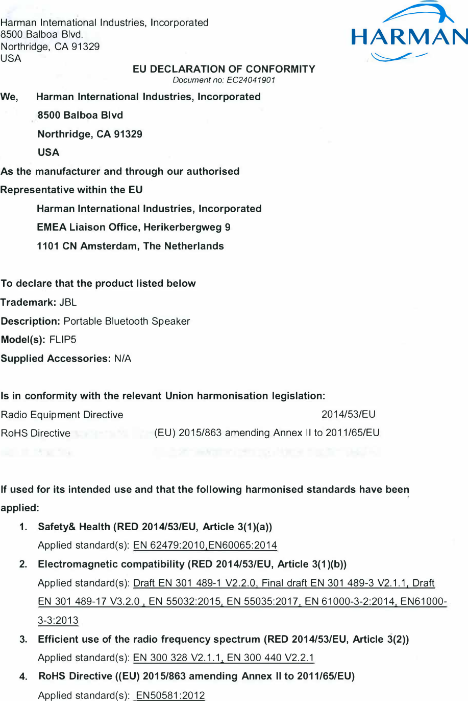 Page 1 of 2 - JBL  FLIP5 -Declaration Of Conformity