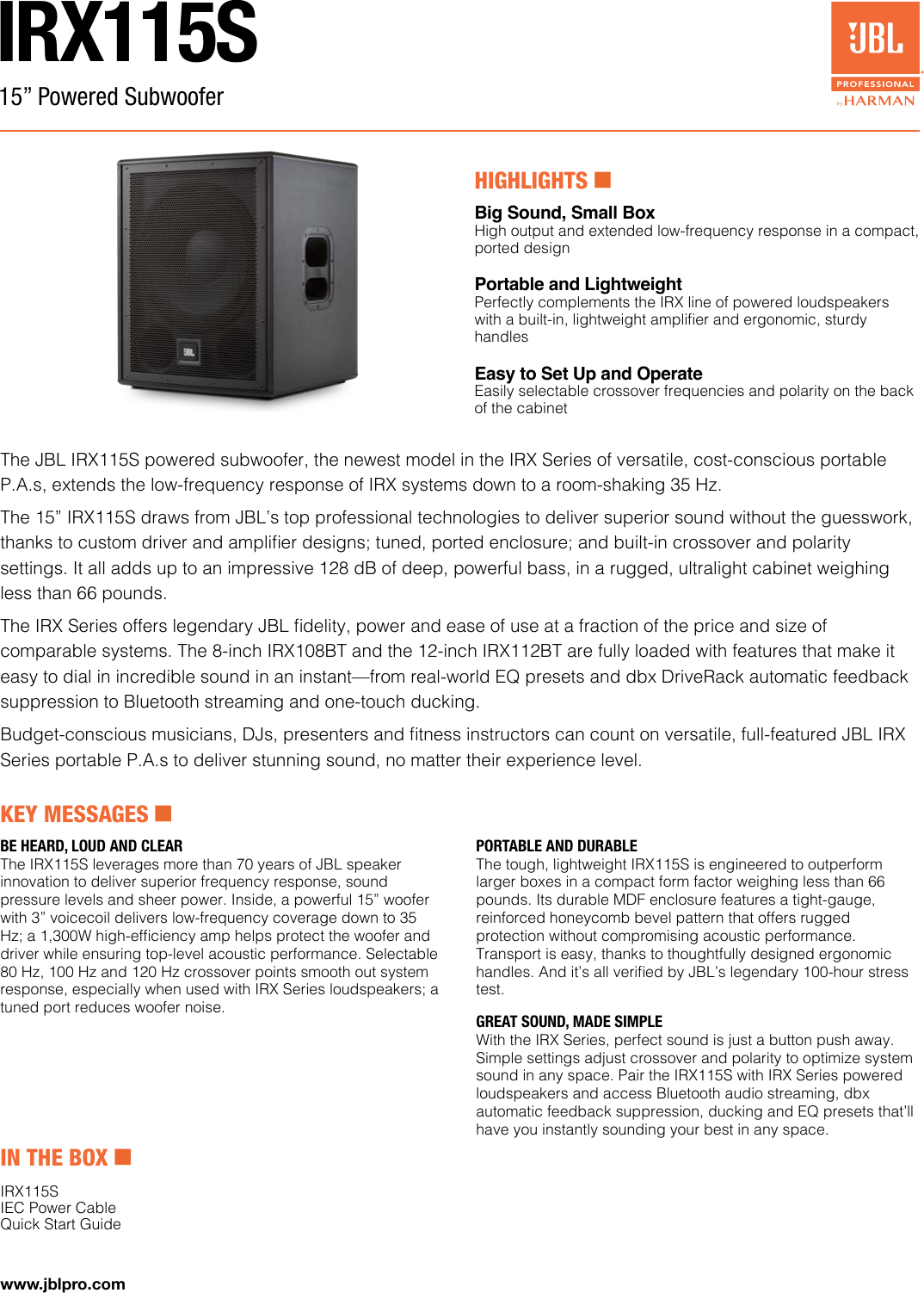 Page 1 of 2 - JBL  IRX115S Spec Sheet
