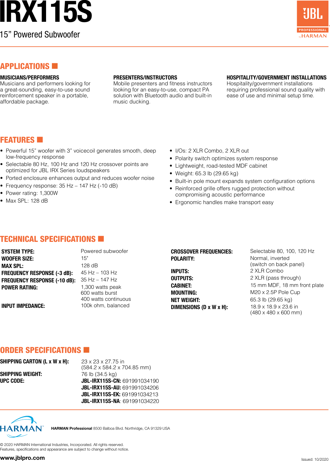 Page 2 of 2 - JBL  IRX115S Spec Sheet
