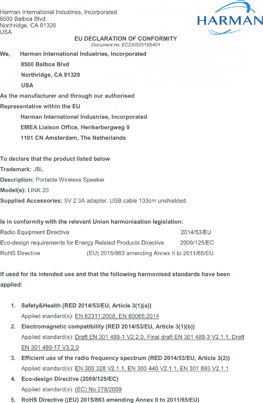 Page 1 of 2 - JBL  LINK 20 - Declaration Of Conformity