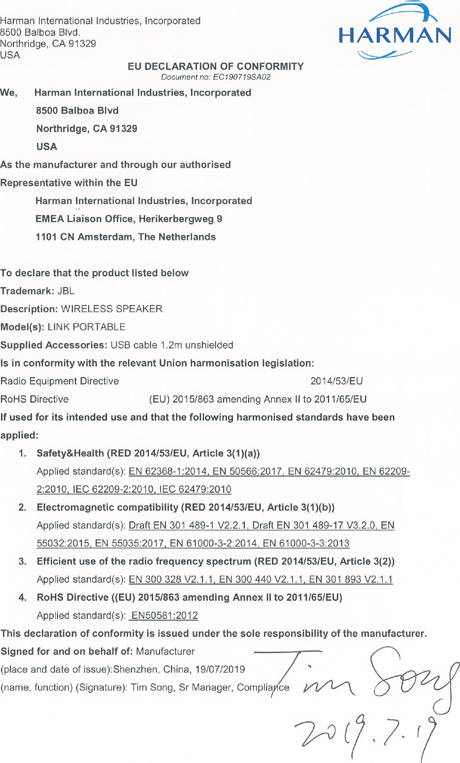 Page 1 of 1 - JBL  LINK PORTABLE - Declaration Of Conformity