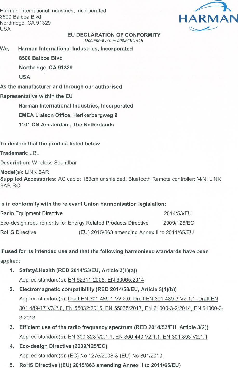 Page 1 of 2 - JBL  Link Bar - Declaration Of Conformity