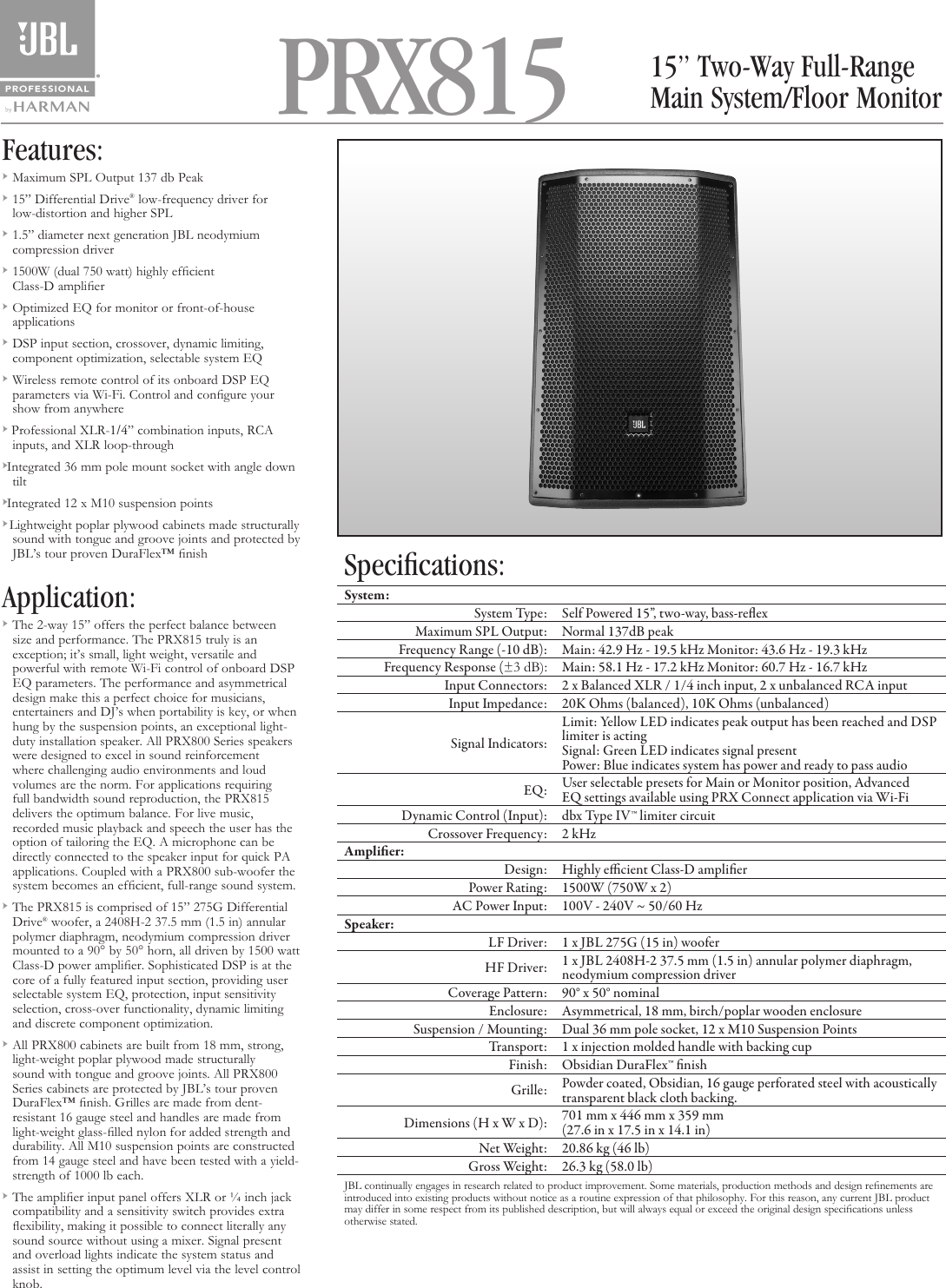 Page 1 of 2 - JBL  PRX815 Spec Sheet 12 16 19