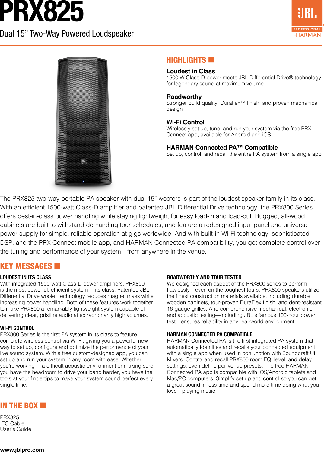 Page 1 of 3 - JBL  PRX825 Sales Sheet 3-Page