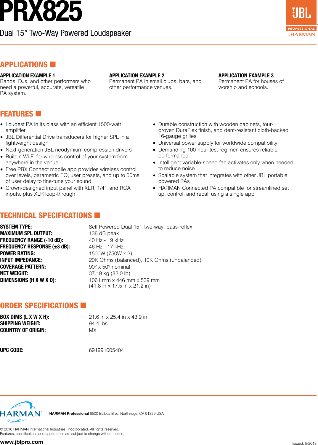 Page 2 of 3 - JBL  PRX825 Sales Sheet 3-Page