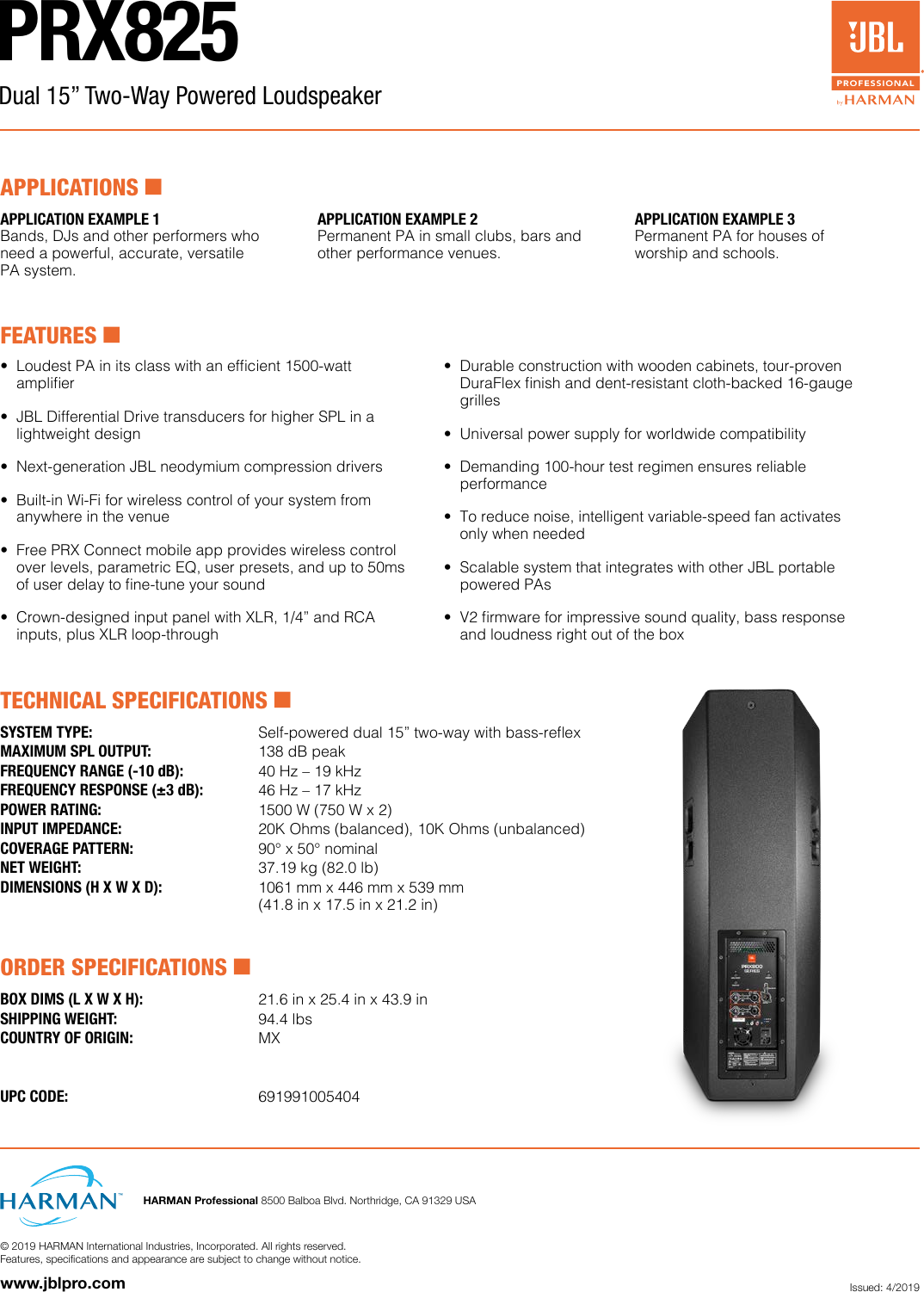 Page 2 of 3 - JBL  PRX825 Sales Sheet 3-Page