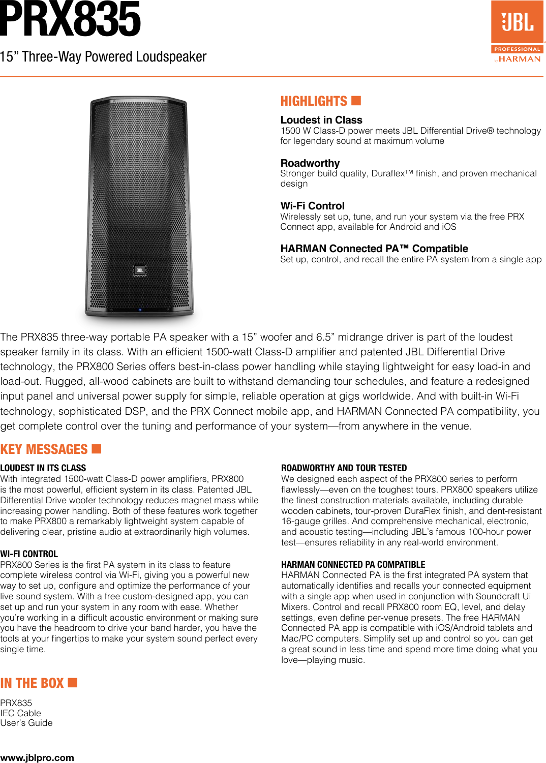 Page 1 of 3 - JBL  PRX835 Sales Sheet 3-Page