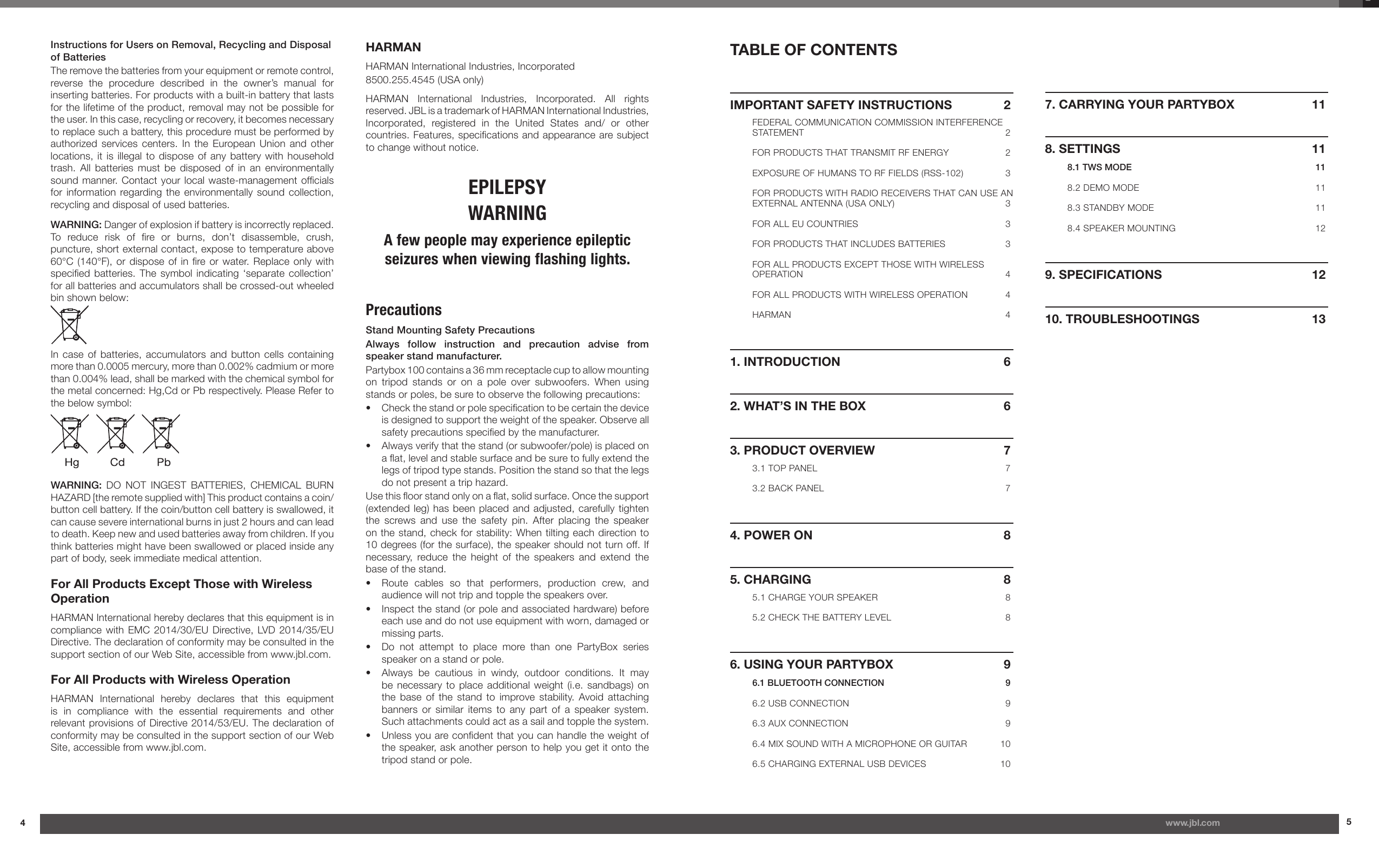 Page 3 of 8 - JBL  Party Box 100 Owner's Manual EN