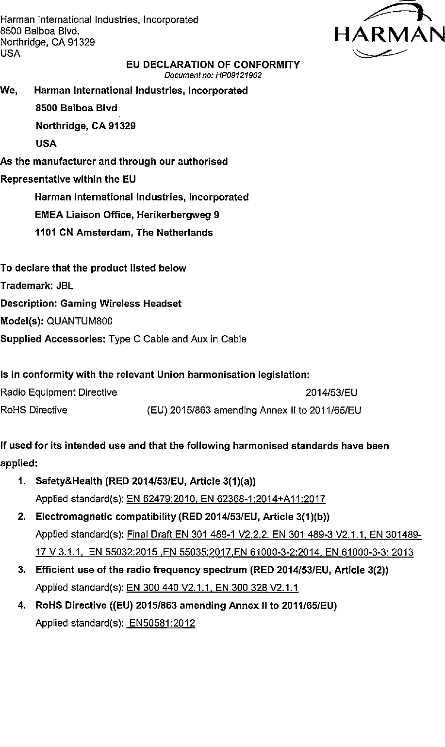 Page 1 of 2 - JBL  QUANTUM800 -Declaration Of Conformity