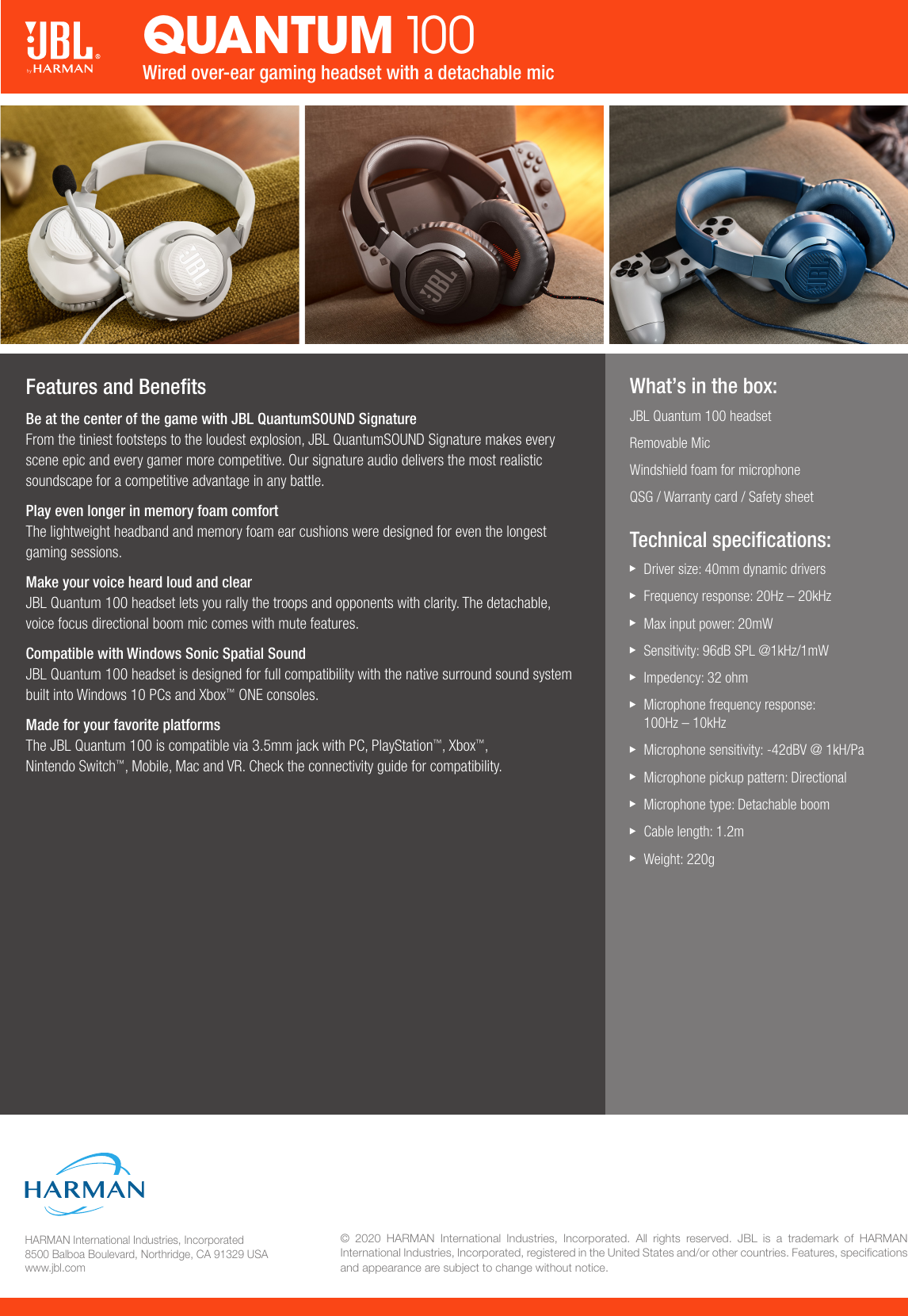 Page 2 of 2 - JBL  Quantum 100 Spec Sheet English
