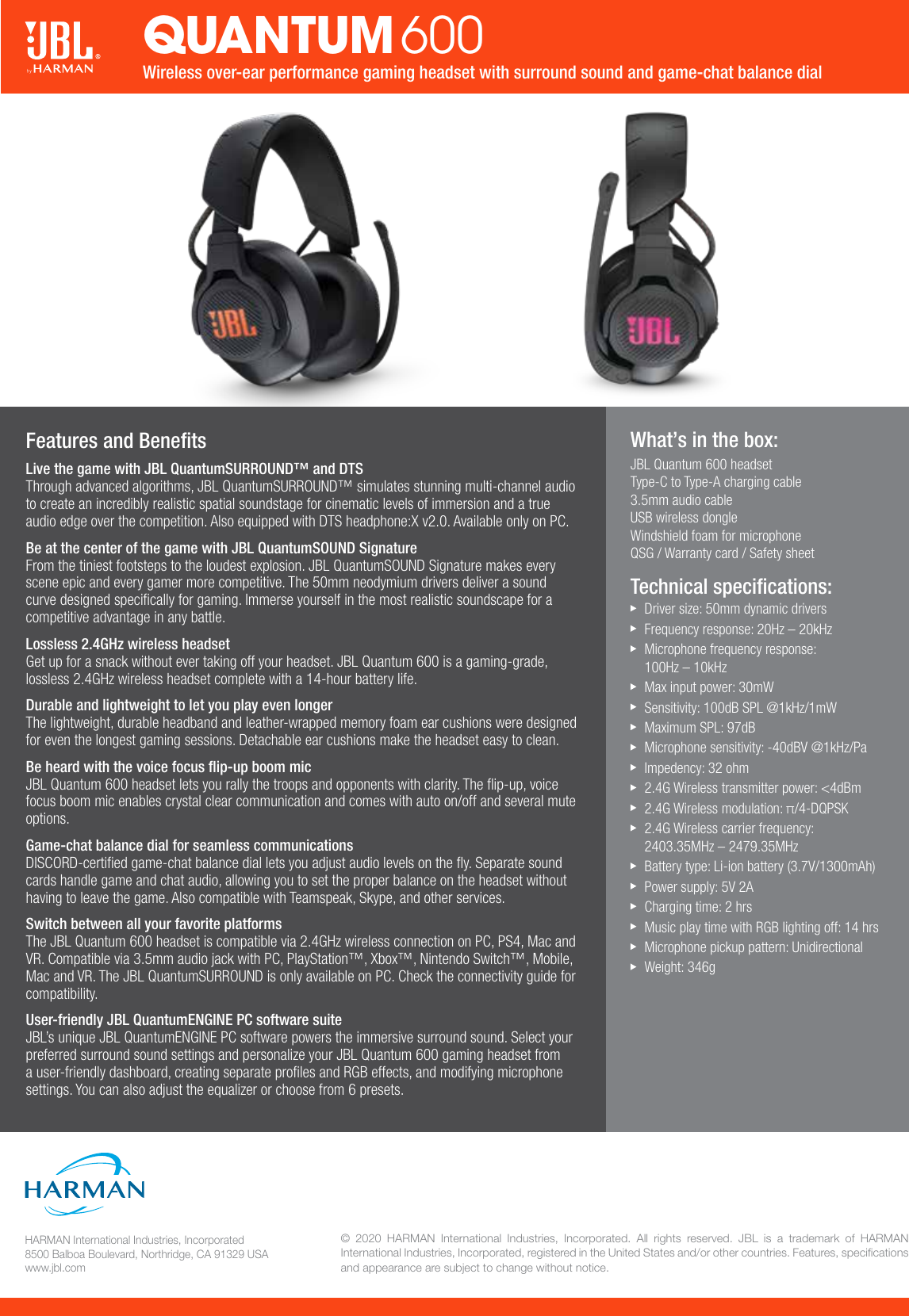 Page 2 of 2 - JBL  Quantum 600 Spec Sheet English