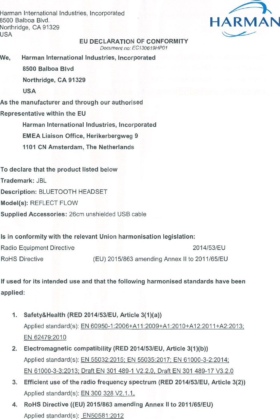 Page 1 of 2 - JBL  REFLECT FLOW - Declaration Of Conformity