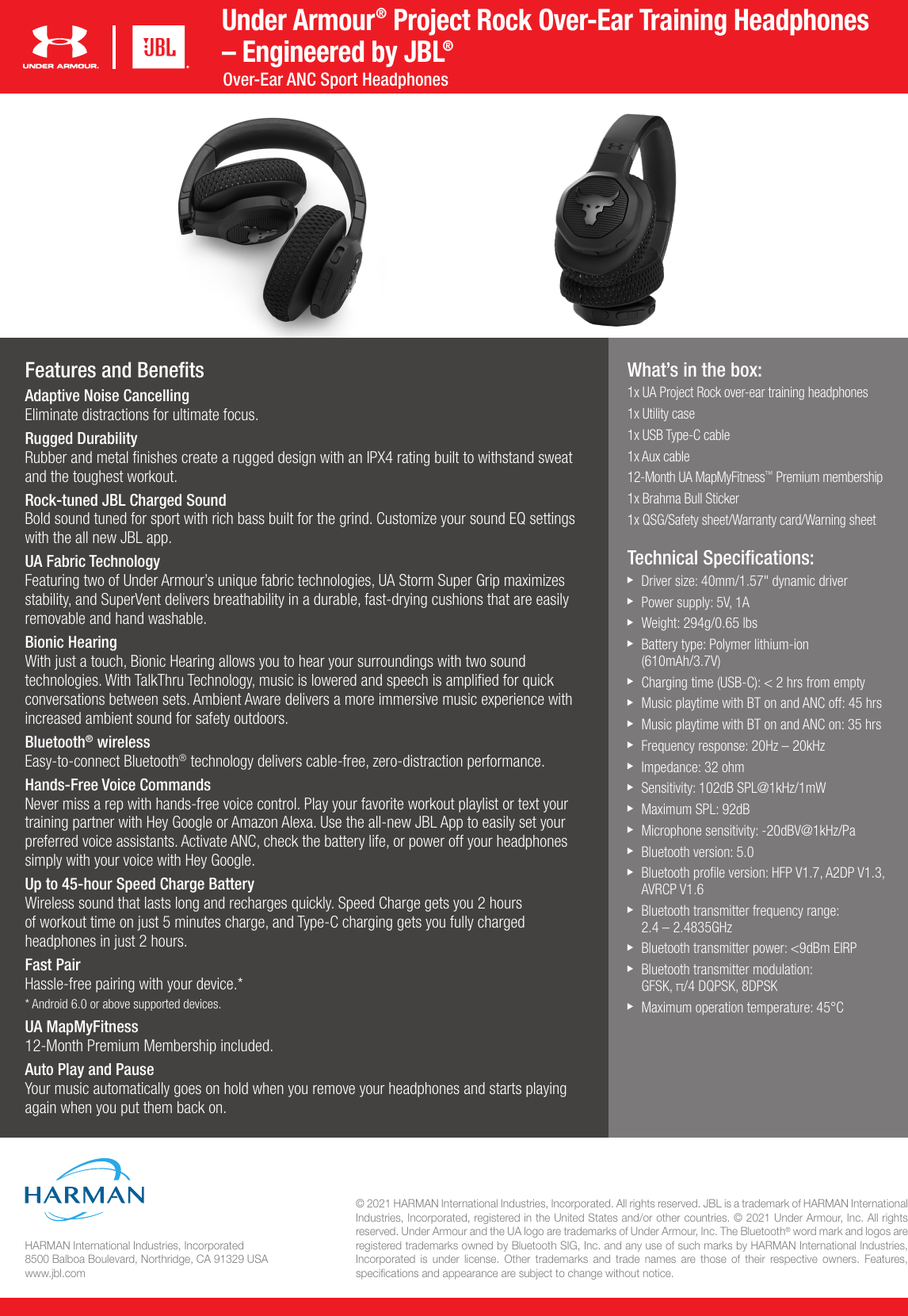 Page 2 of 2 - JBL  Rock Over Ear Training Headphones Spec Sheet English