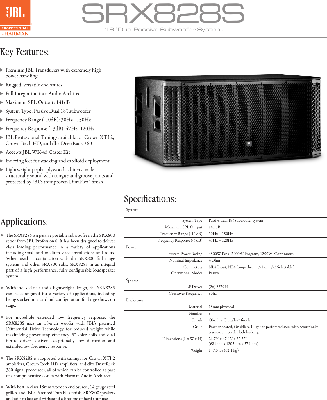 Page 1 of 3 - JBL  SRX828S Spec Sheet 4.22.16