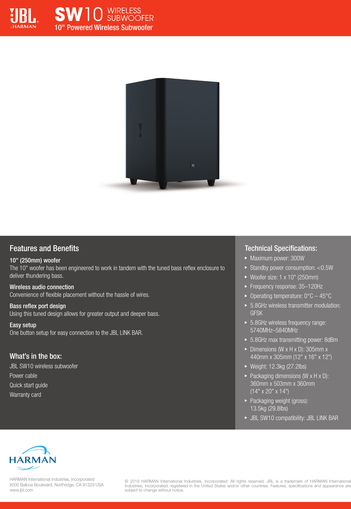 Page 2 of 2 - JBL  SW10 Subwoofer Spec Sheet English