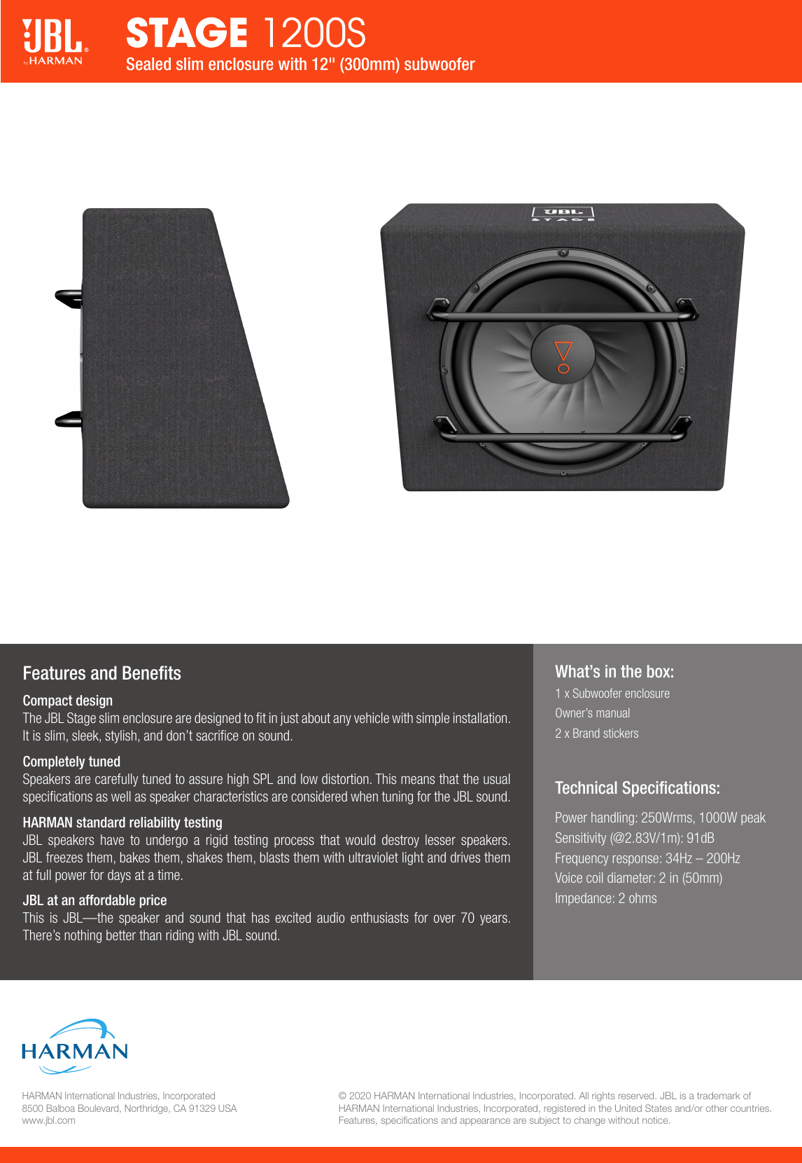 Page 2 of 2 - JBL  Stage 1200S Subwoofer Spec Sheet English