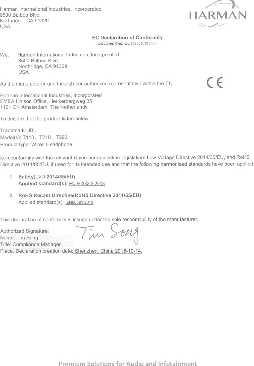 Page 1 of 1 - JBL  T110 T210 T290 - Declaration Of Conformity