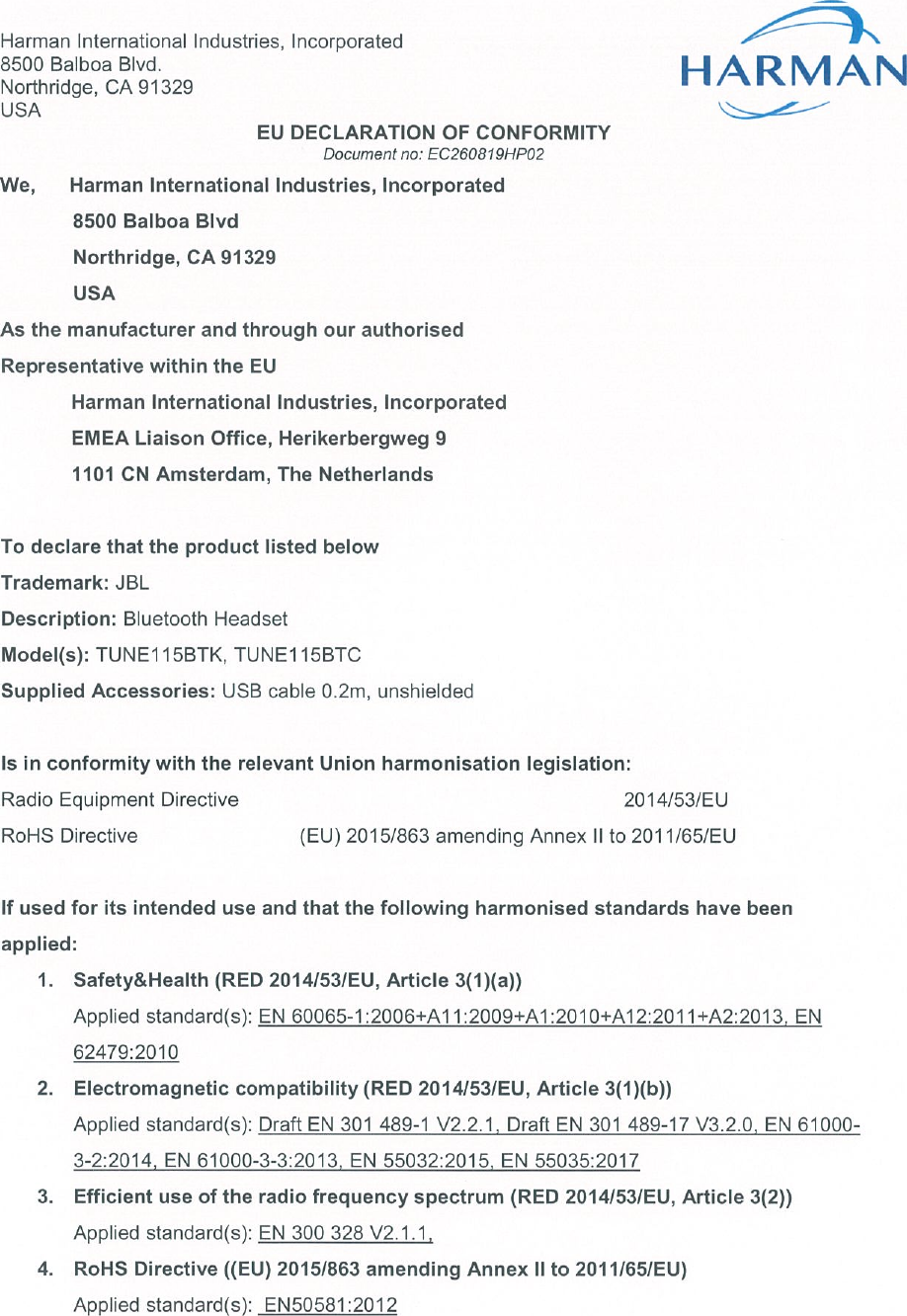 Page 1 of 2 - JBL  JBLTUNE115BT - Declaration Of Conformity