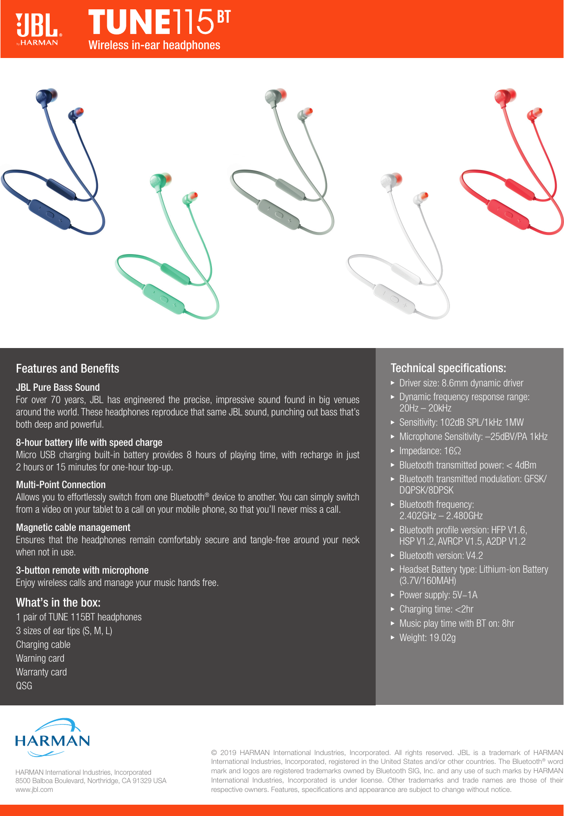 Page 2 of 2 - JBL  Tune 115BT Spec Sheet Global English
