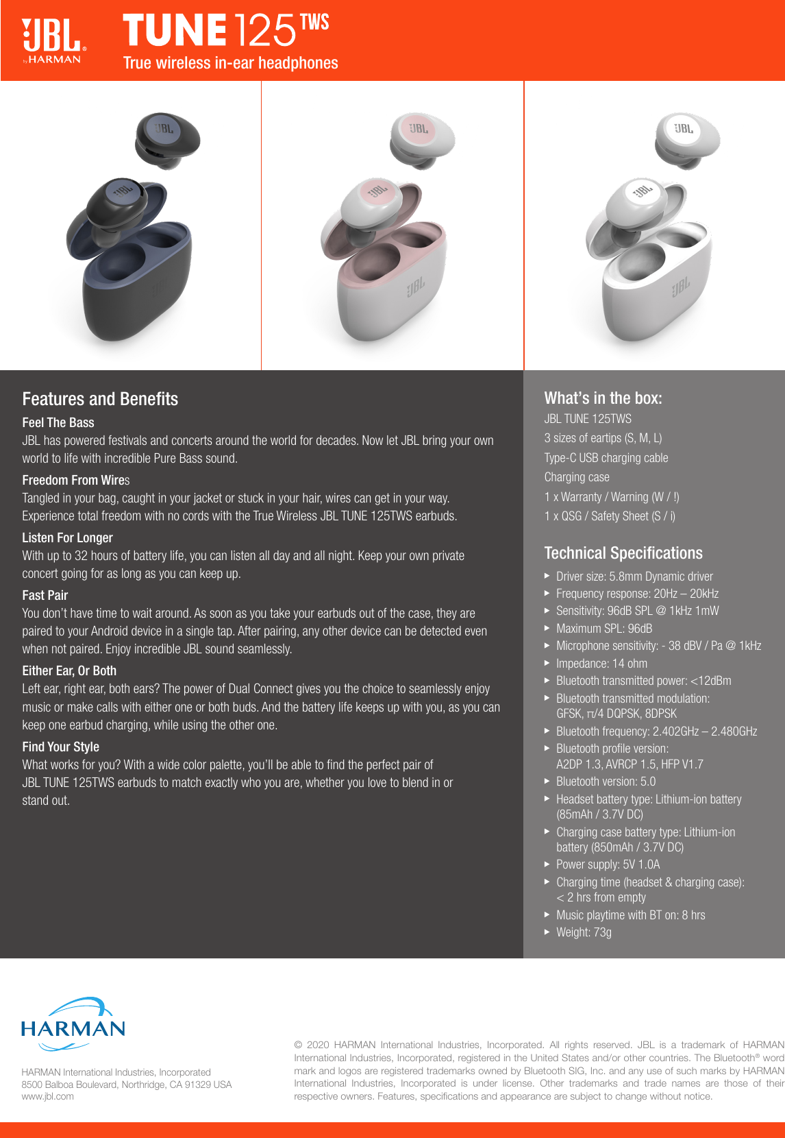 Page 2 of 2 - JBL  Tune 125TWS Spec Sheet EMEA US English