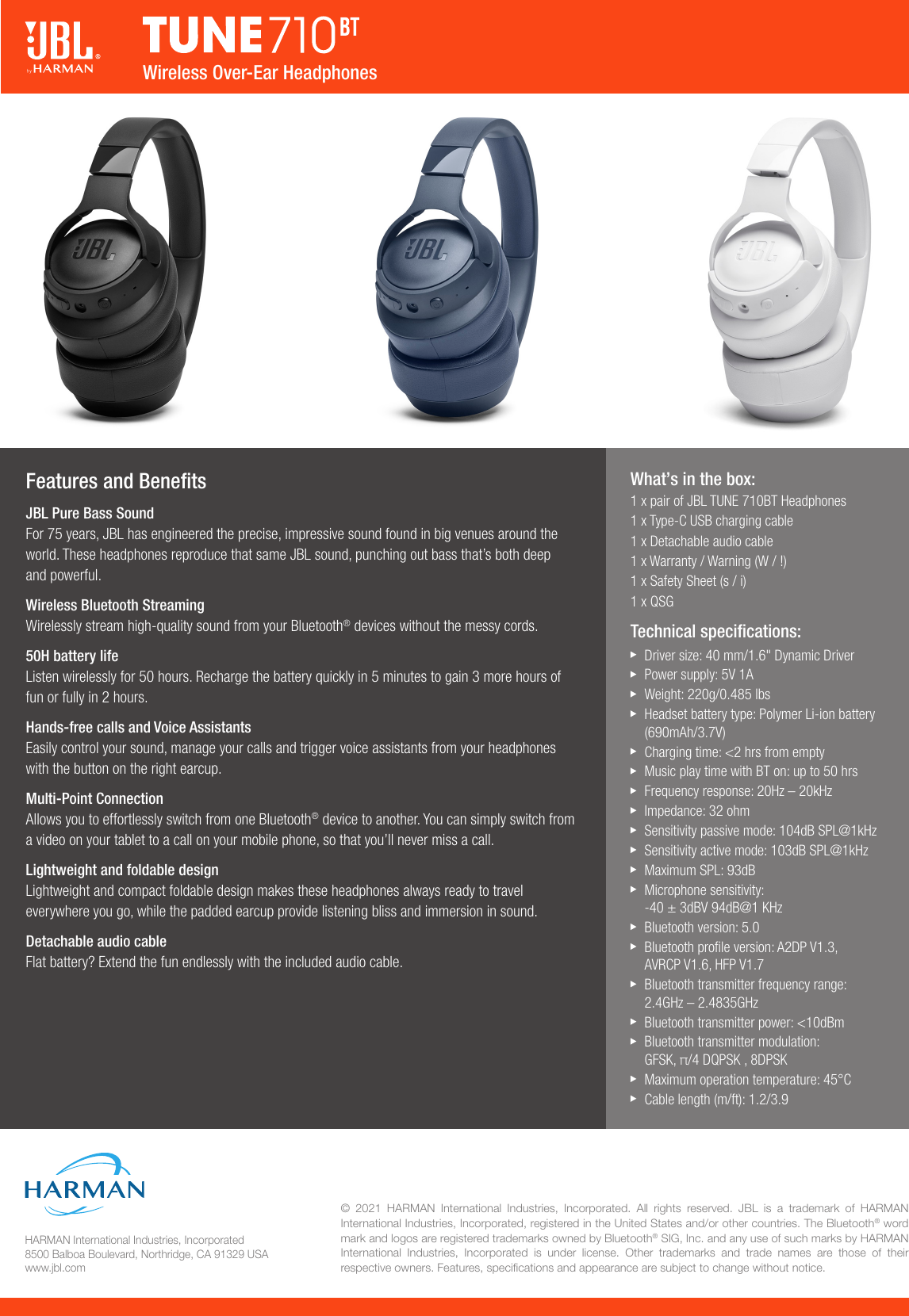 Page 2 of 2 - JBL  Tune 710BT Spec Sheet USA English