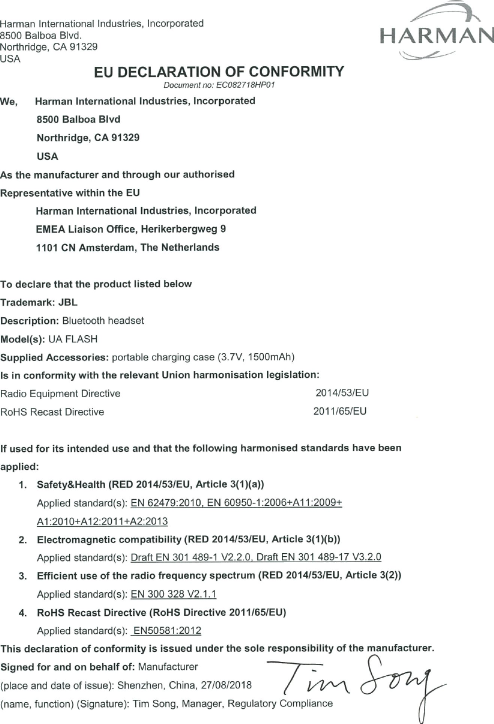 Page 1 of 1 - JBL UA FLASH - Declaration Of Conformity