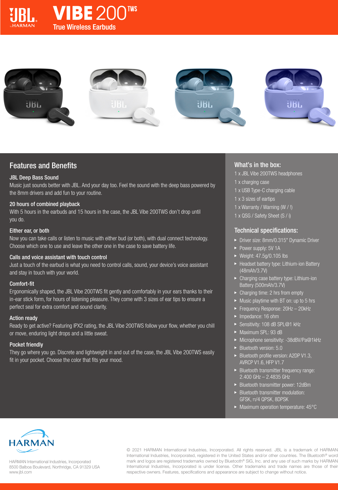 JBL Vibe 200TWS Spec Sheet Global English