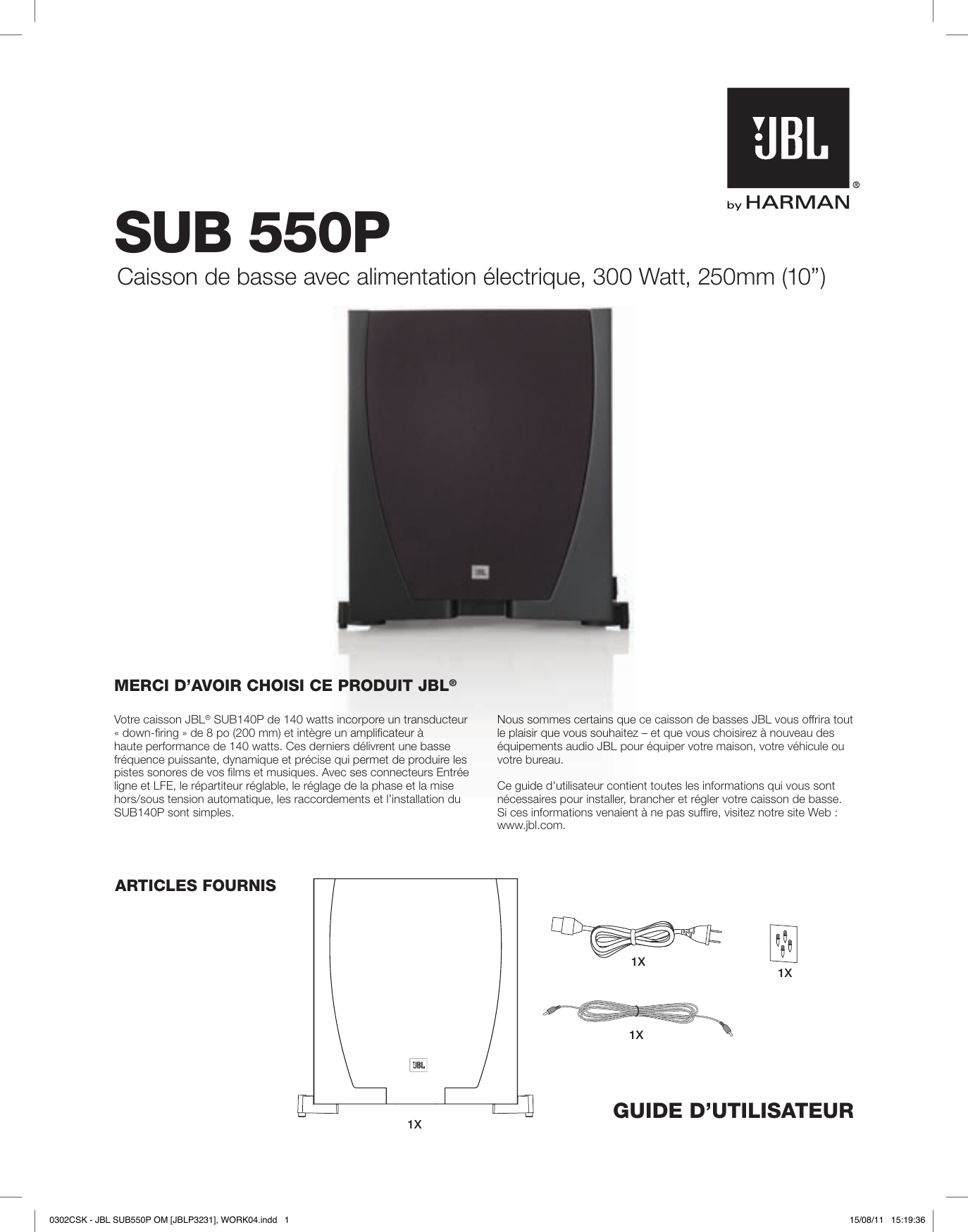 Page 1 of 5 - JBL  Owners Manual - SUB 550P (French EU)